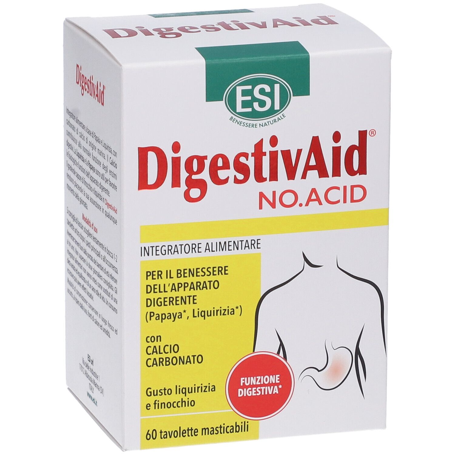 Weiße Schachtel mit roter und grüner Schrift. Aufschrift: DigestivAid NO. ACID. Enthält 60 Tabletten. Illustration des Verdauungstrakts.