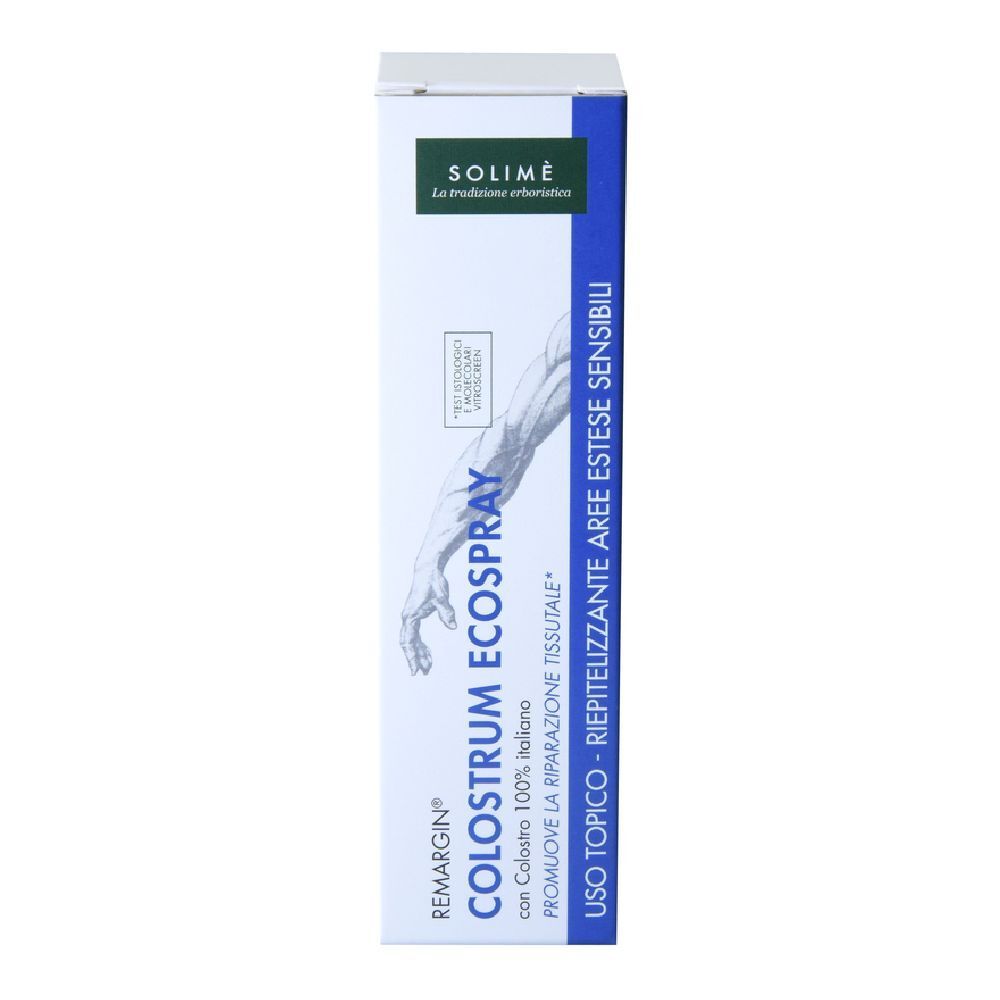 Confezione con testo del prodotto. Testo: REMARGIN COLOSTRUM ECOSPRAY, SOLIMÉ. Accenti blu e verdi. Illustrazione di un braccio.