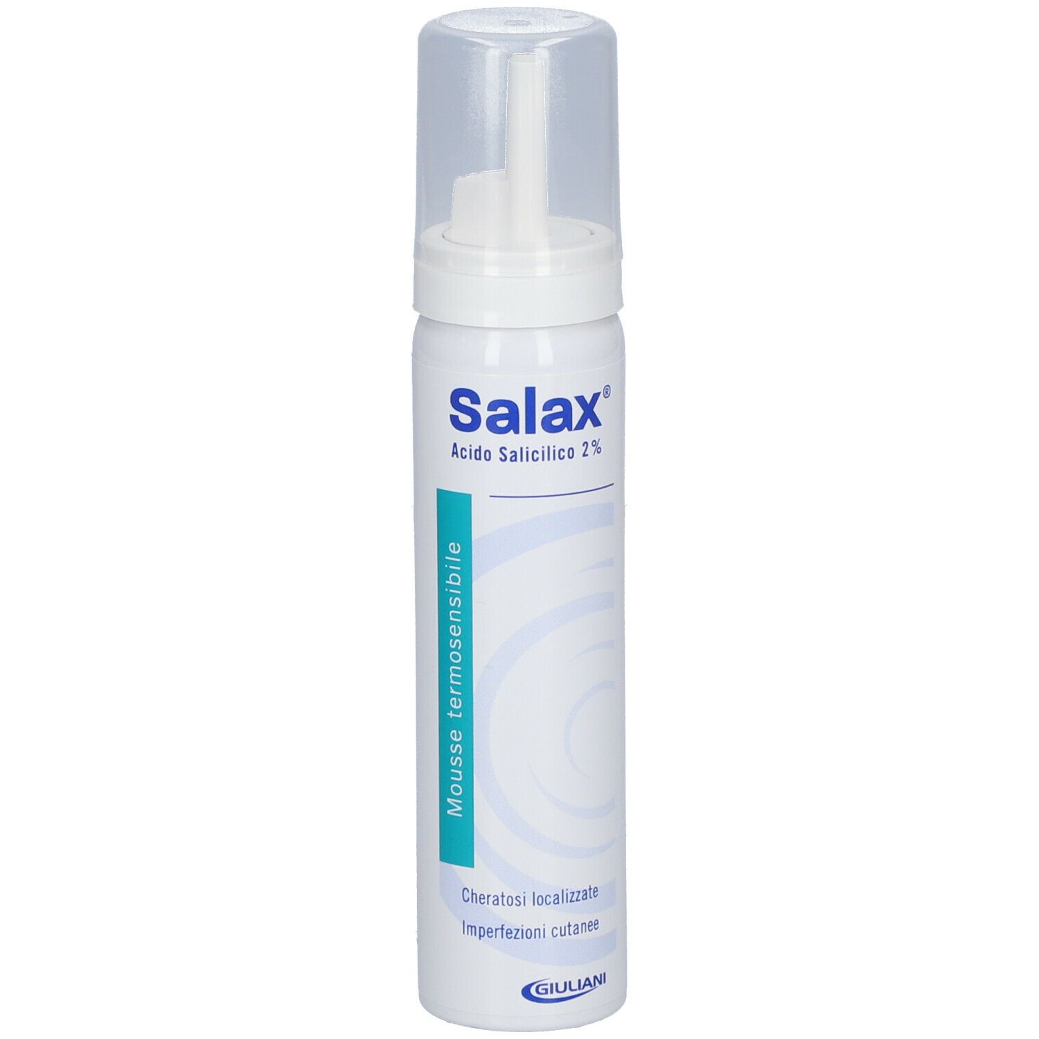 Flacone spray bianco con tappo trasparente. Scritta: Salax®, Acido Salicilico 2%.