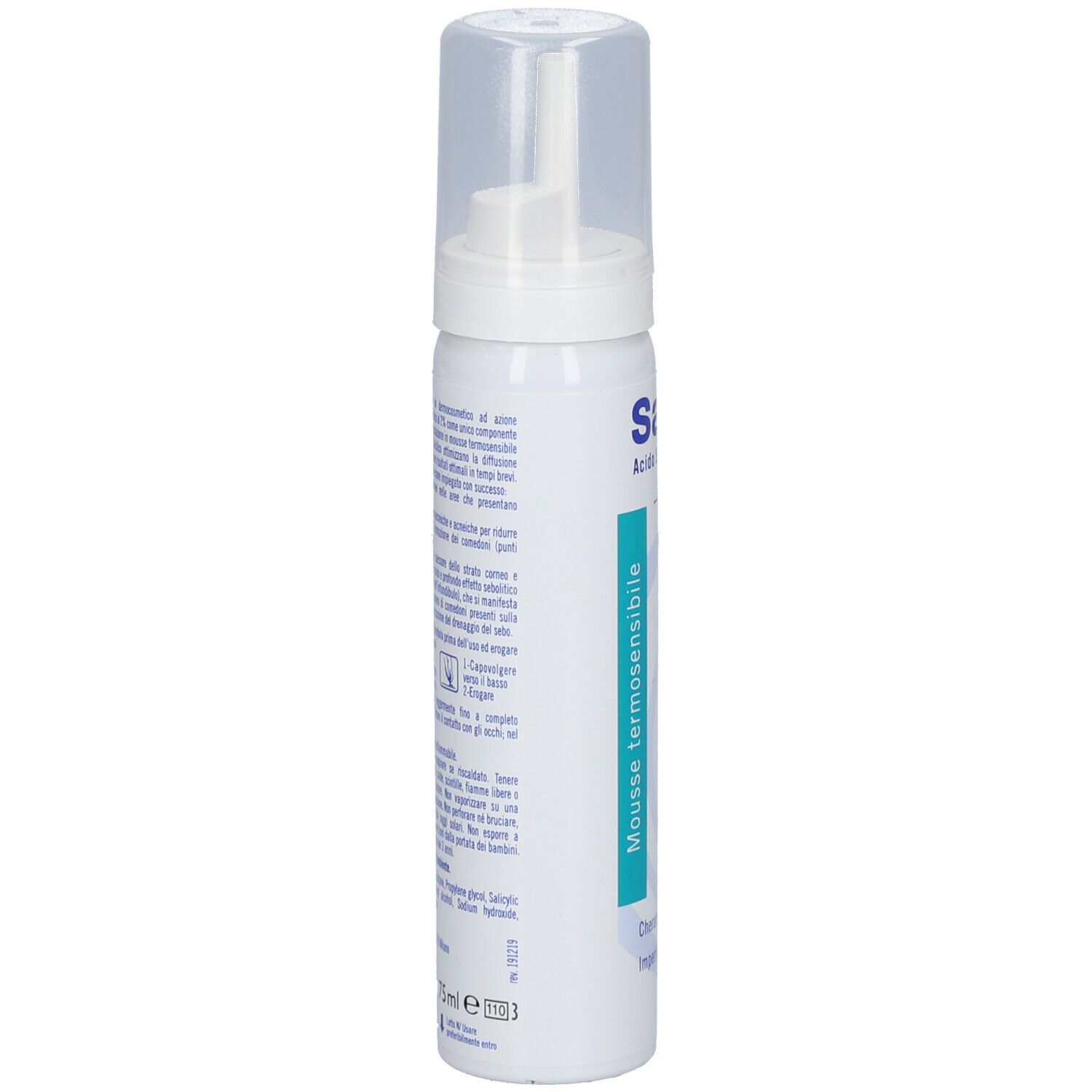 Retro del flacone bianco. Testo in italiano. Scritta: Salax®, Acido Salicilico 2%.