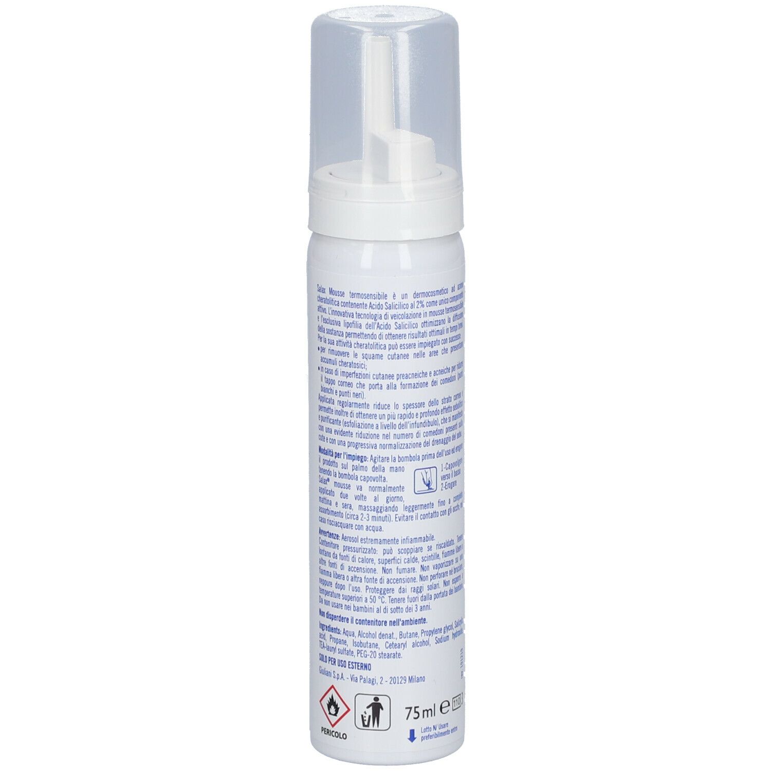 Retro del flacone bianco. Testo in italiano. Scritta: Salax®, Acido Salicilico 2%.