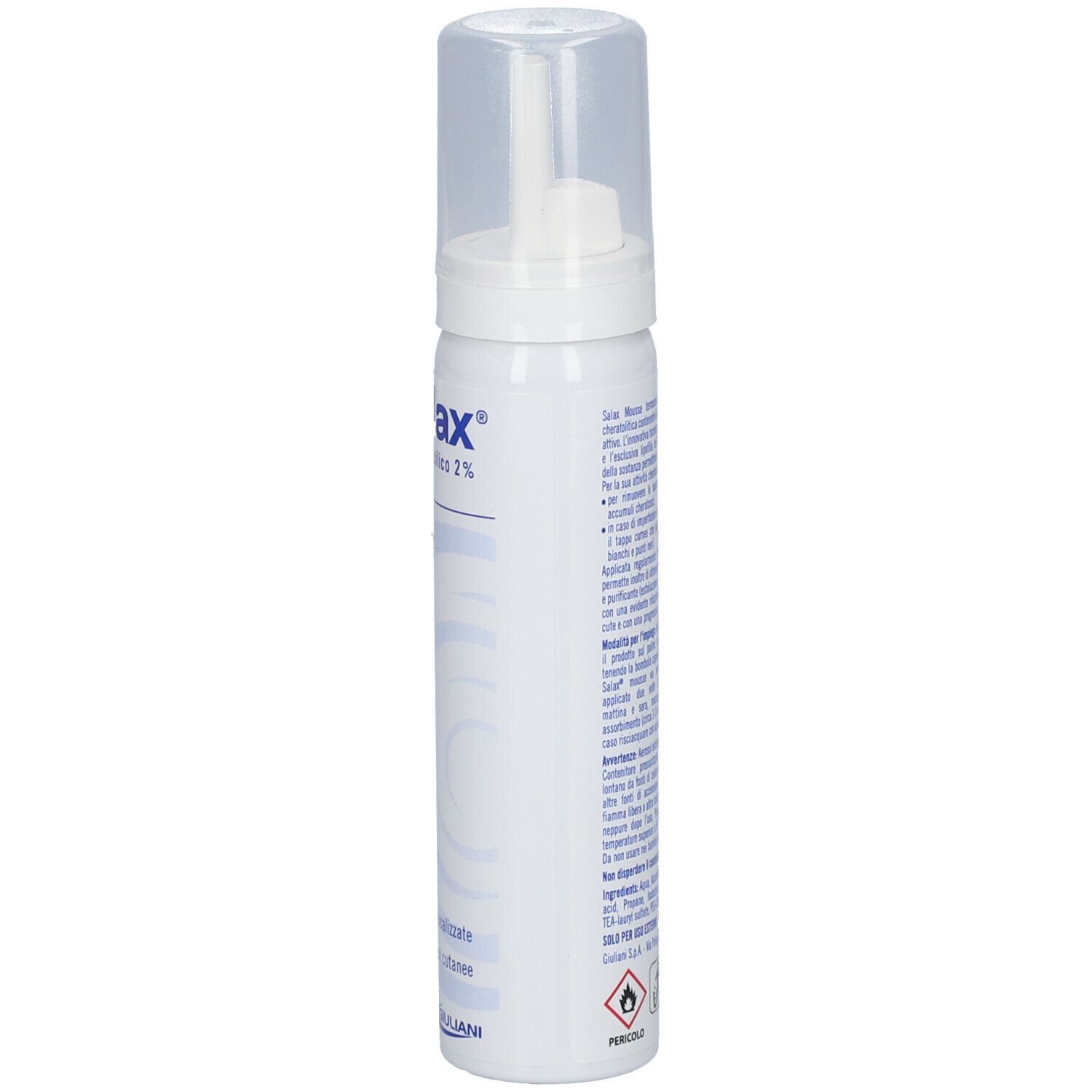 Flacone spray bianco con tappo trasparente. Scritta: Salax®, Acido Salicilico 2%.