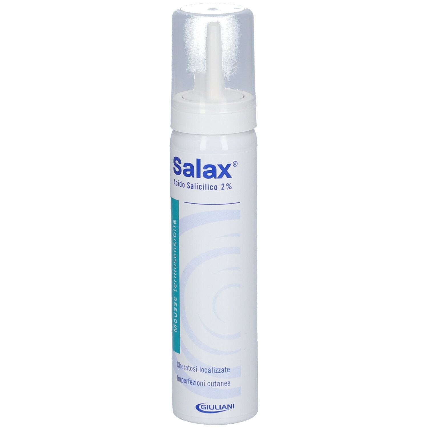 Flacone spray bianco con tappo trasparente. Scritta: Salax®, Acido Salicilico 2%.