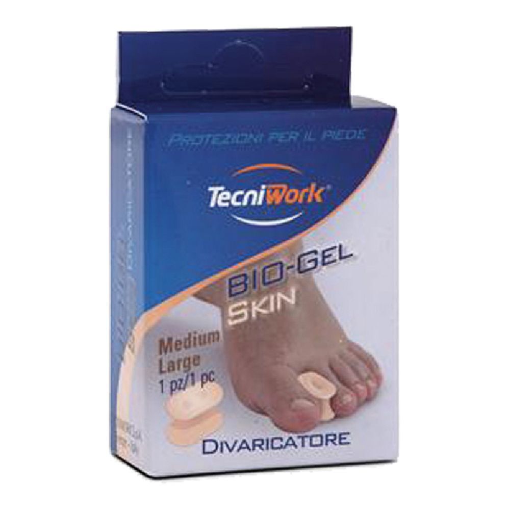 Verpackung mit Produktabbildung. Aufschrift: BIO-GEL SKIN, Divaricatore. Marke: TecniWork. Größe: Medium Large. 1 Stück.