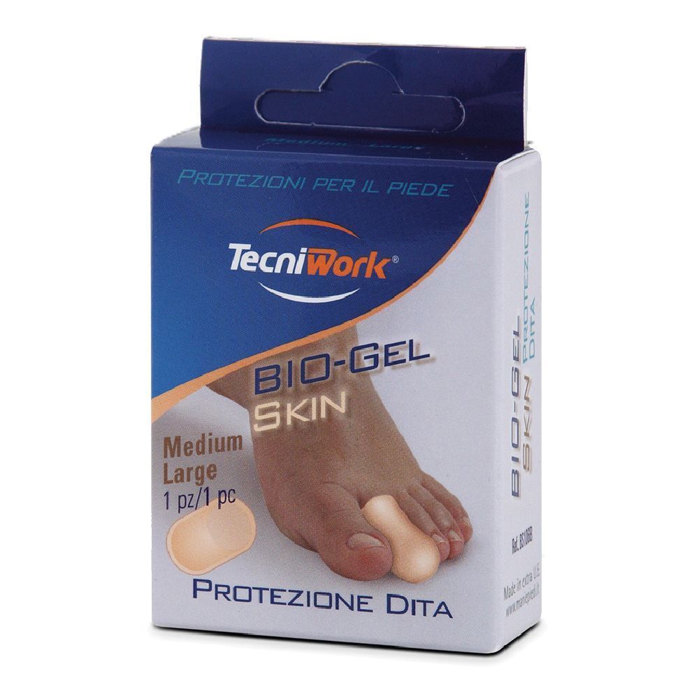 Confezione di protezione per piedi. Marchio TecniWork, Bio-Gel Skin, Medium/Large, 1 pezzo. Immagine di un piede con protezione.