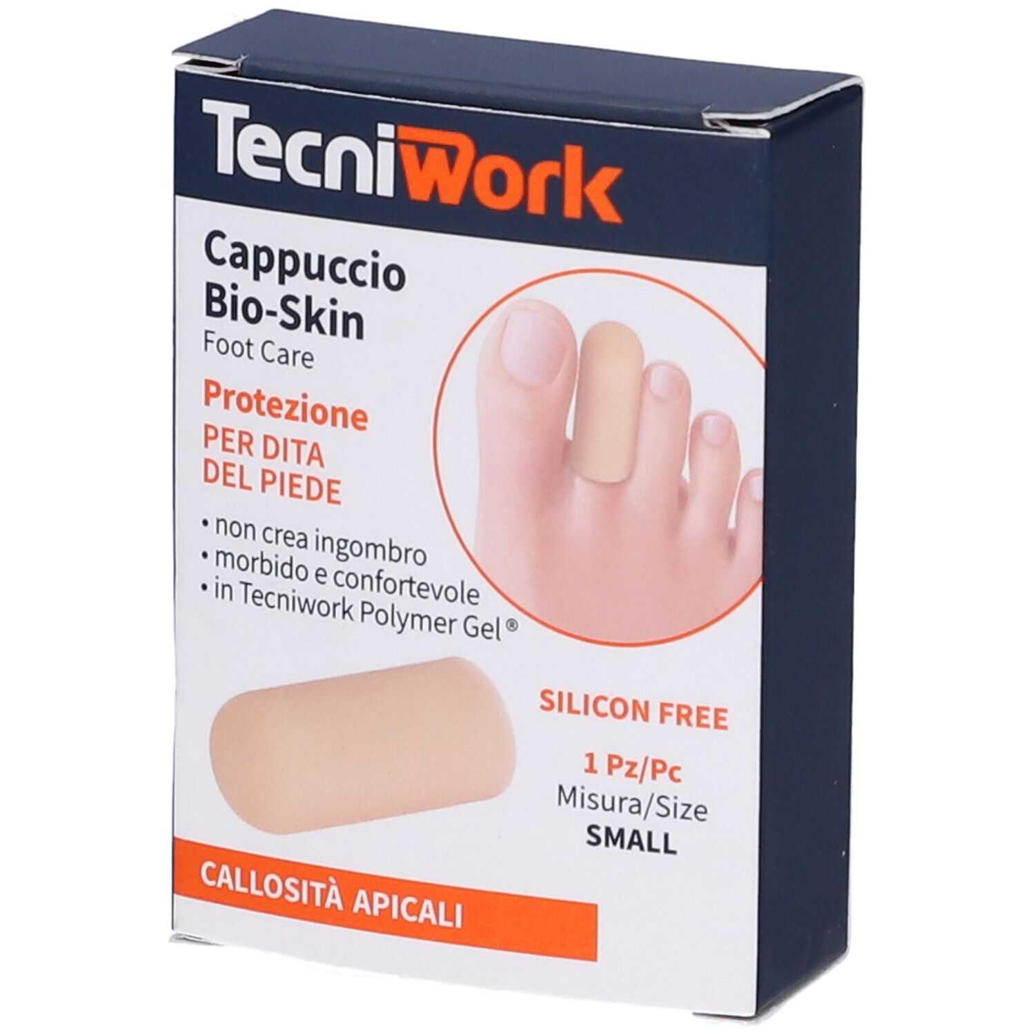 Confezione di protezione per piedi. TecniWork, Cappuccio Bio-Skin, Foot Care, Protezione per dita, 1 pezzo, Small. Senza silicone.