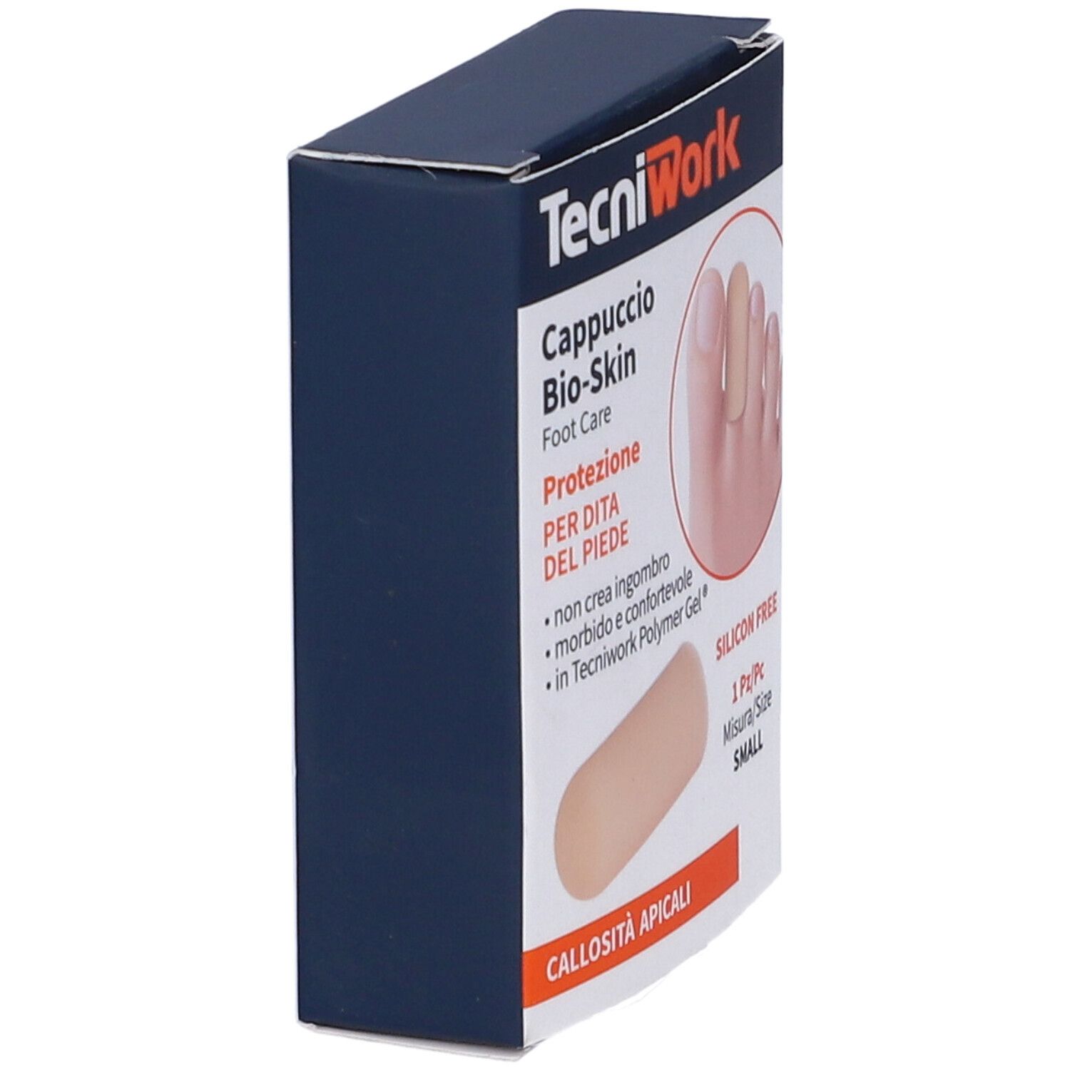 Vista laterale della confezione. TecniWork, Cappuccio Bio-Skin, Foot Care, Protezione per dita, 1 pezzo, Small. Senza silicone.