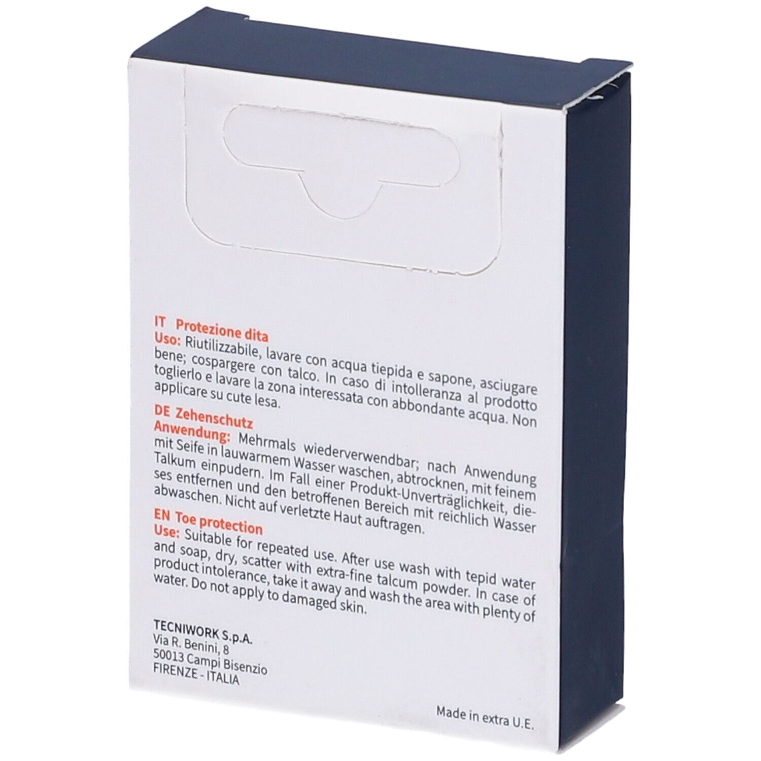 Retro della confezione. Testo: Istruzioni per l'uso della protezione per dita. Informazioni produttore: TecniWork, Firenze, Italia.