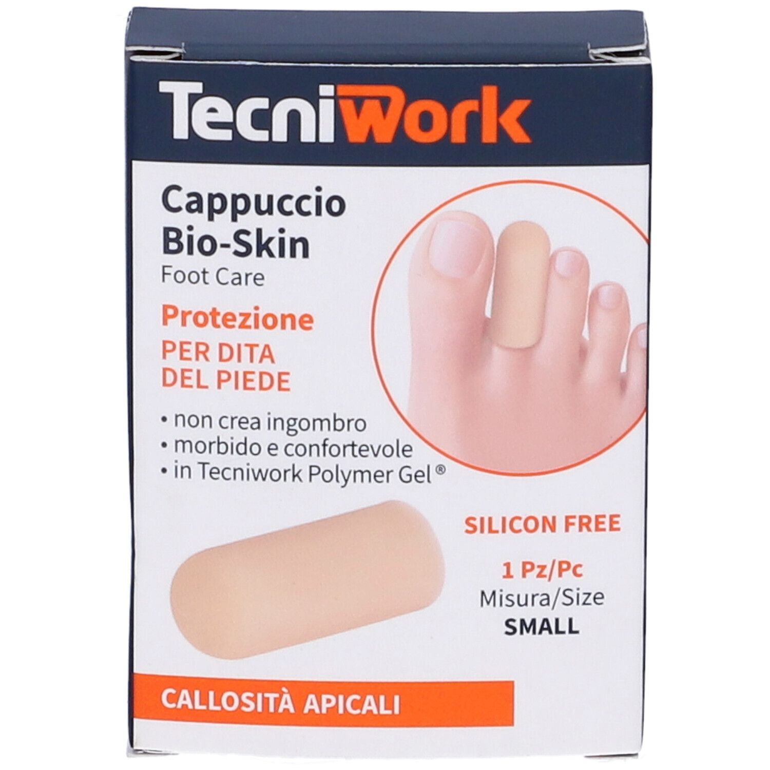 Confezione di protezione per piedi. TecniWork, Cappuccio Bio-Skin, Foot Care, Protezione per dita, 1 pezzo, Small. Senza silicone.