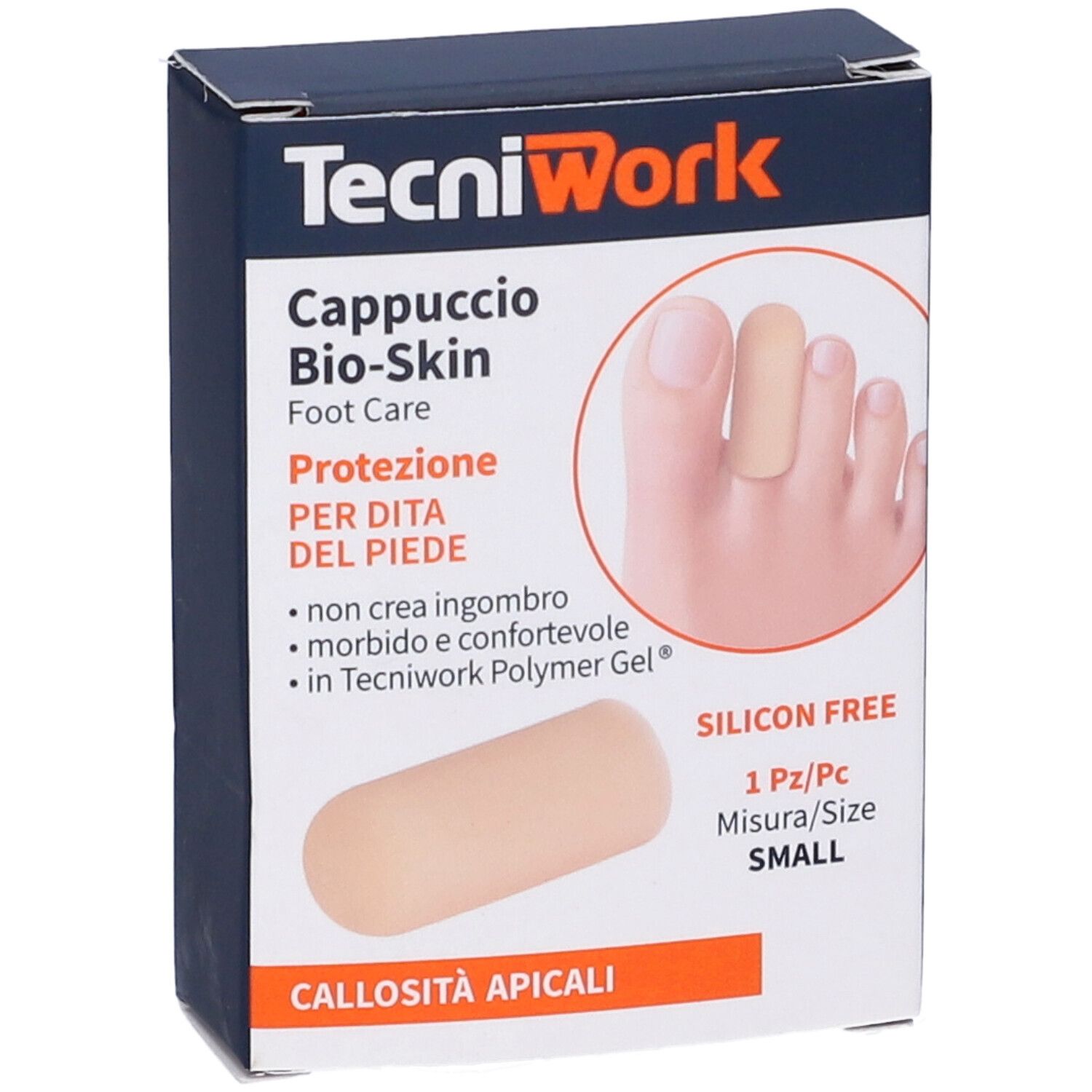 Confezione di protezione per piedi. TecniWork, Cappuccio Bio-Skin, Foot Care, Protezione per dita, 1 pezzo, Small. Senza silicone.
