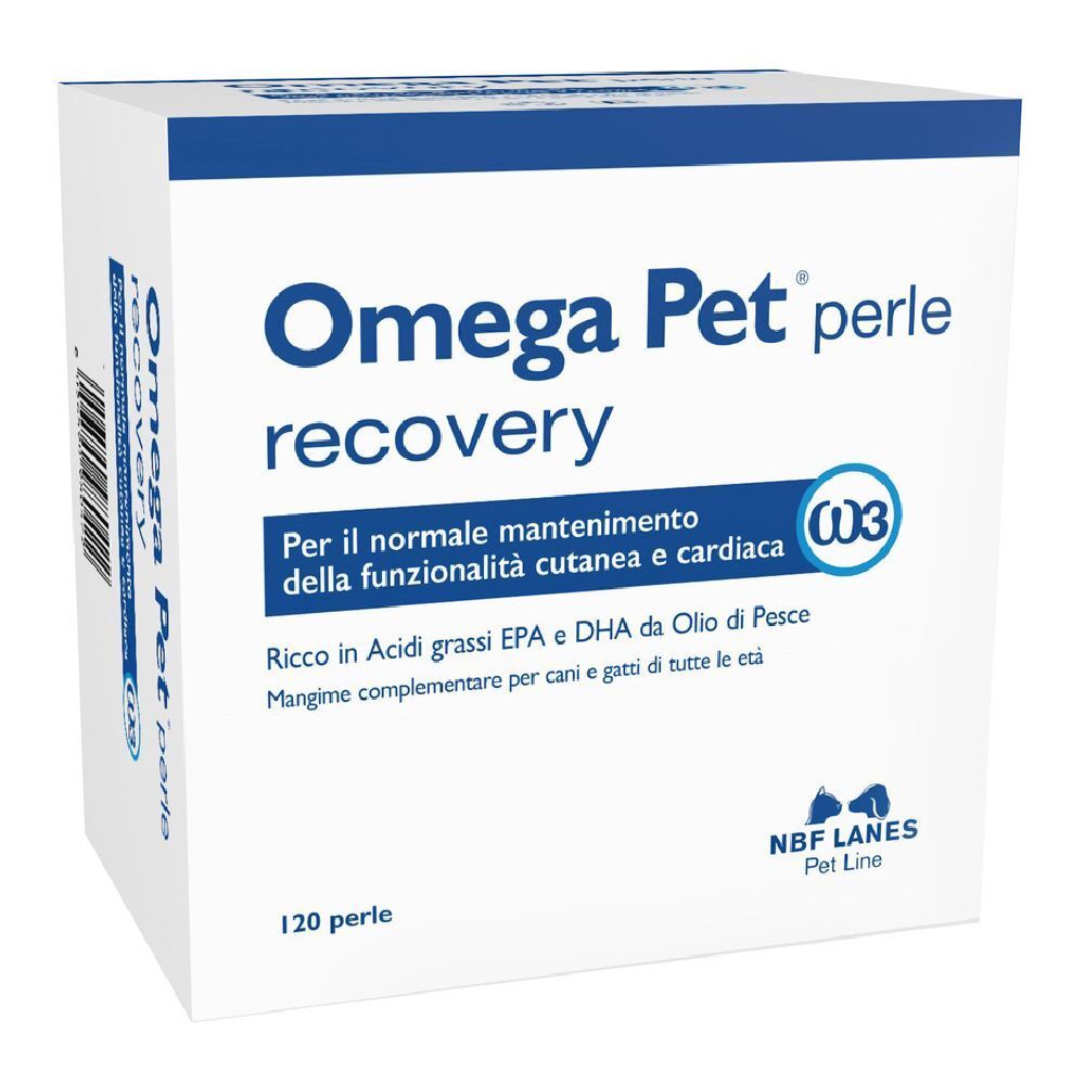 Omega Pet recovery, 120 perle. Scatola bianca con testo blu. Contiene acidi grassi omega-3 per cani e gatti.
