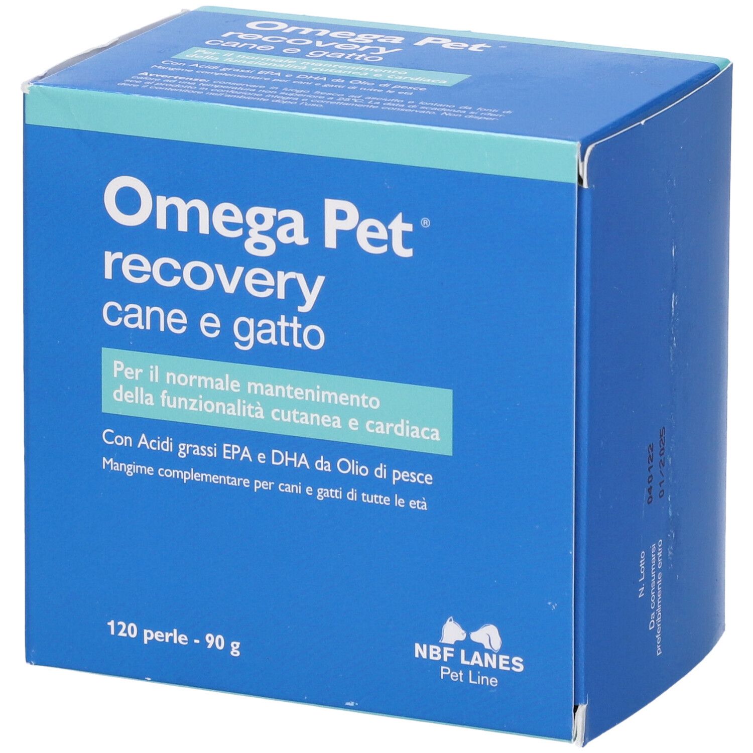 Omega Pet recovery, 120 perle. Scatola blu con testo. Per cani e gatti. Contiene acidi grassi omega-3.