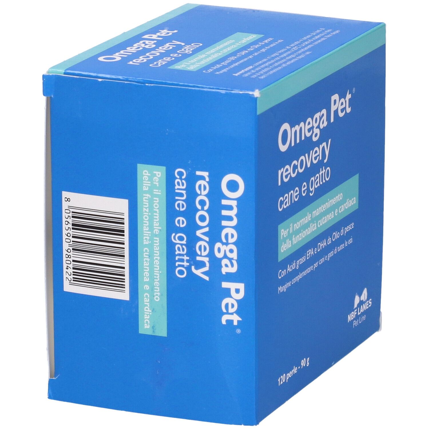 Omega Pet recovery, 120 perle. Scatola blu con testo. Per cani e gatti. Contiene acidi grassi omega-3.