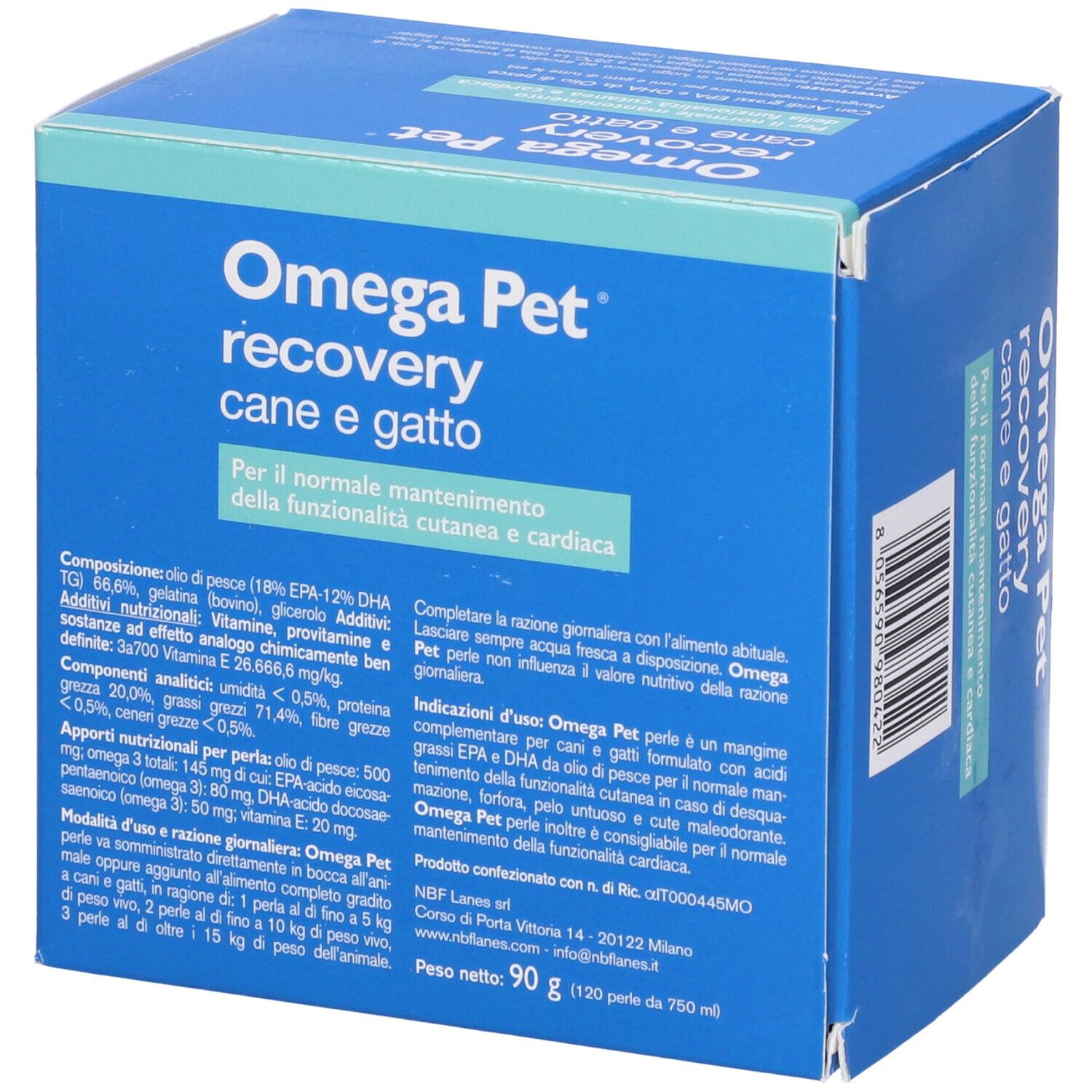 Omega Pet recovery, 120 perle. Scatola blu con testo. Per cani e gatti. Contiene acidi grassi omega-3.