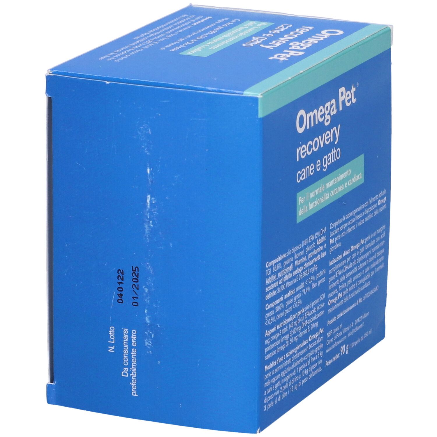 Omega Pet recovery, 120 perle. Scatola blu con testo. Per cani e gatti. Contiene acidi grassi omega-3.