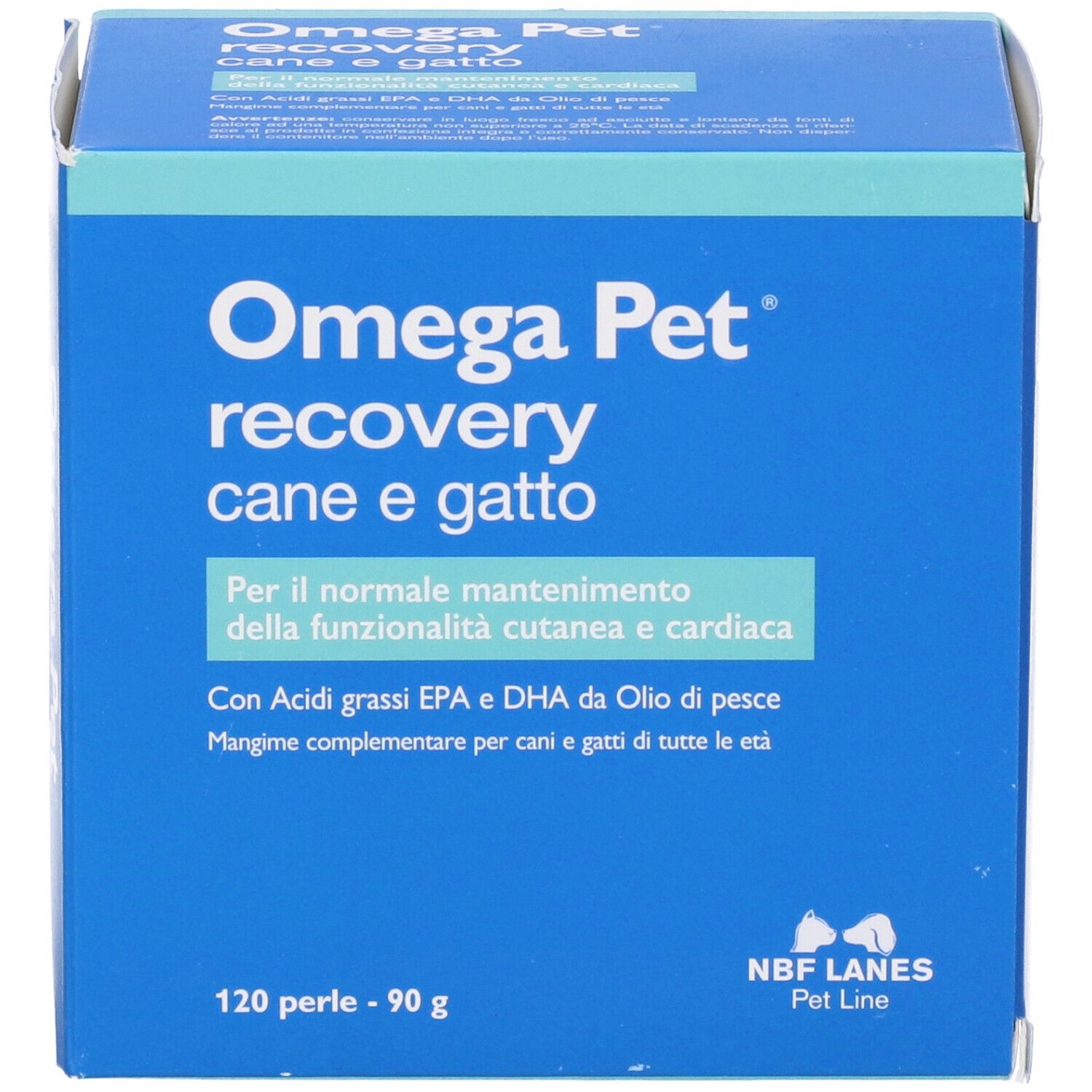 Omega Pet recovery, 120 perle. Scatola blu con testo. Per cani e gatti. Contiene acidi grassi omega-3.