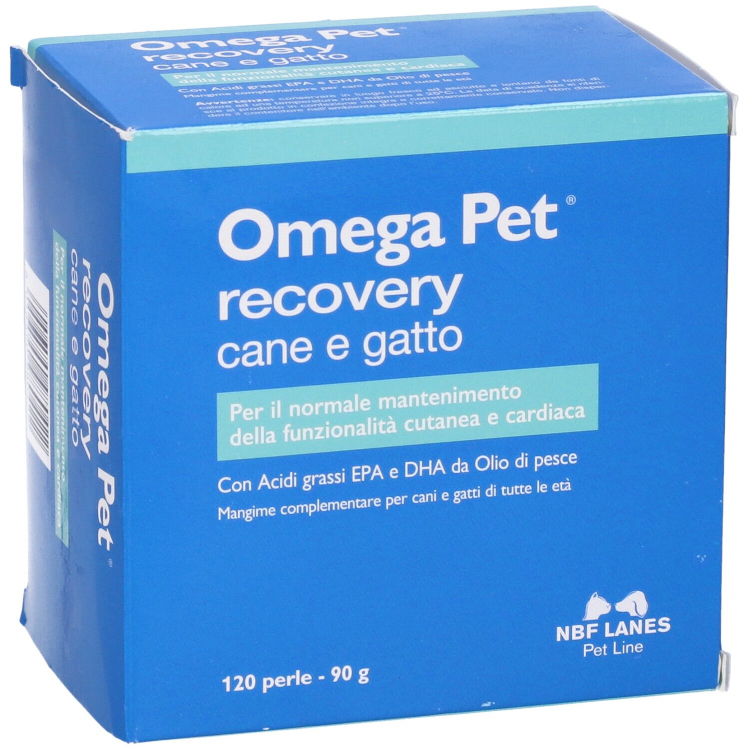 Omega Pet recovery, 120 perle. Scatola blu con testo. Per cani e gatti. Contiene acidi grassi omega-3.