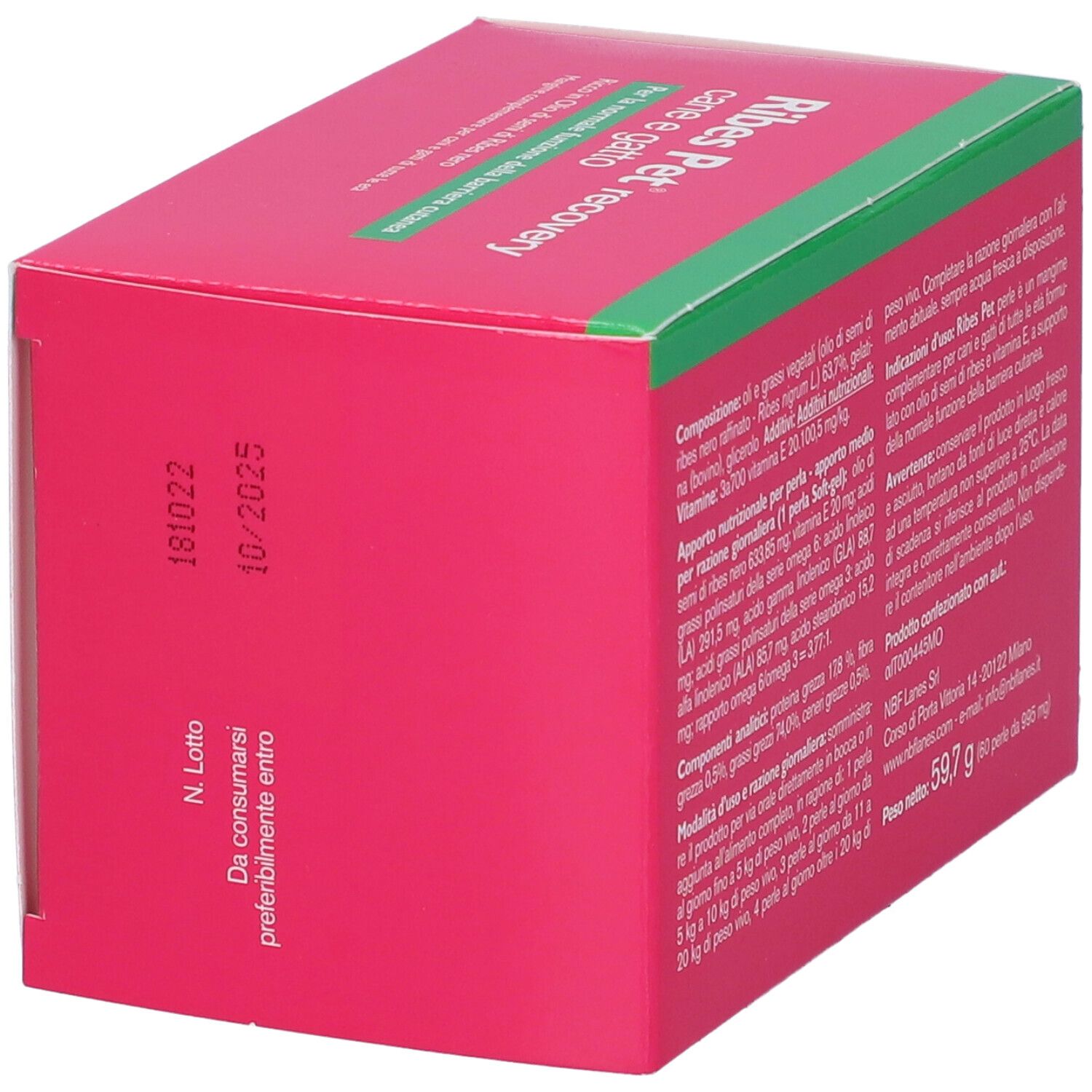 Scatola rosa con testo. "Ribes Pet recovery cane e gatto". Data di scadenza. 59,7 g.