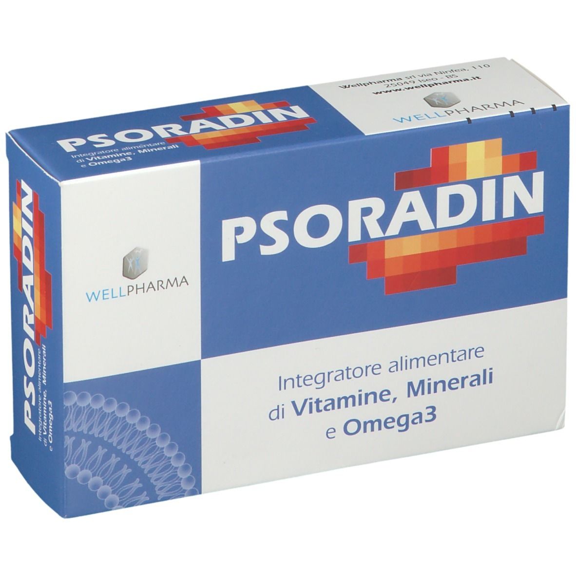 Scatola blu e bianca con la scritta PSORADIN. Contiene integratore alimentare con vitamine, minerali e Omega 3.