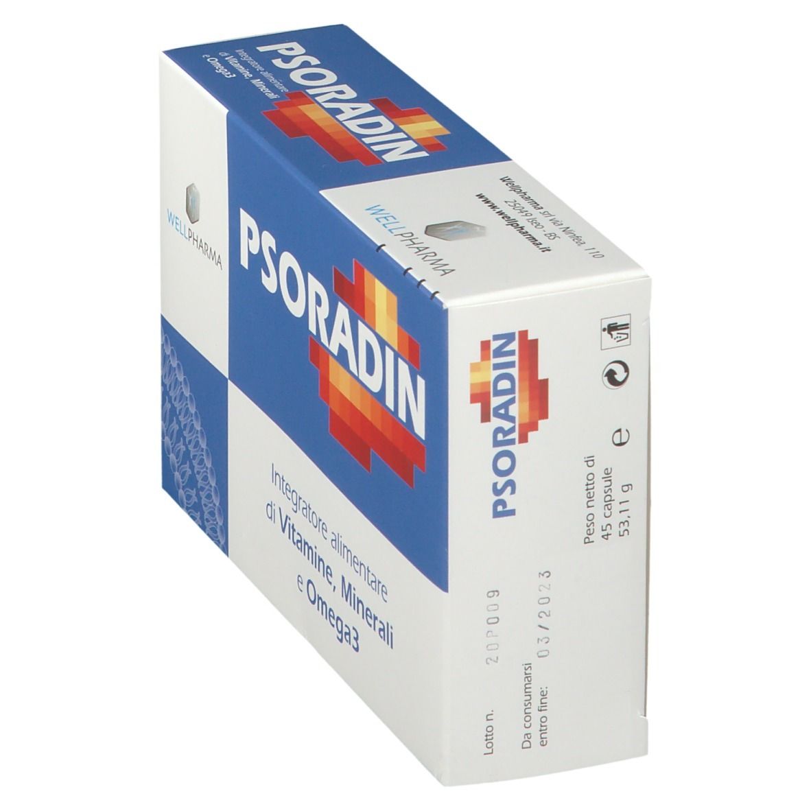 Scatola PSORADIN, blu e bianca. Contiene integratore alimentare. Scritta: Integratore alimentare di Vitamine, Minerali e Omega3.
