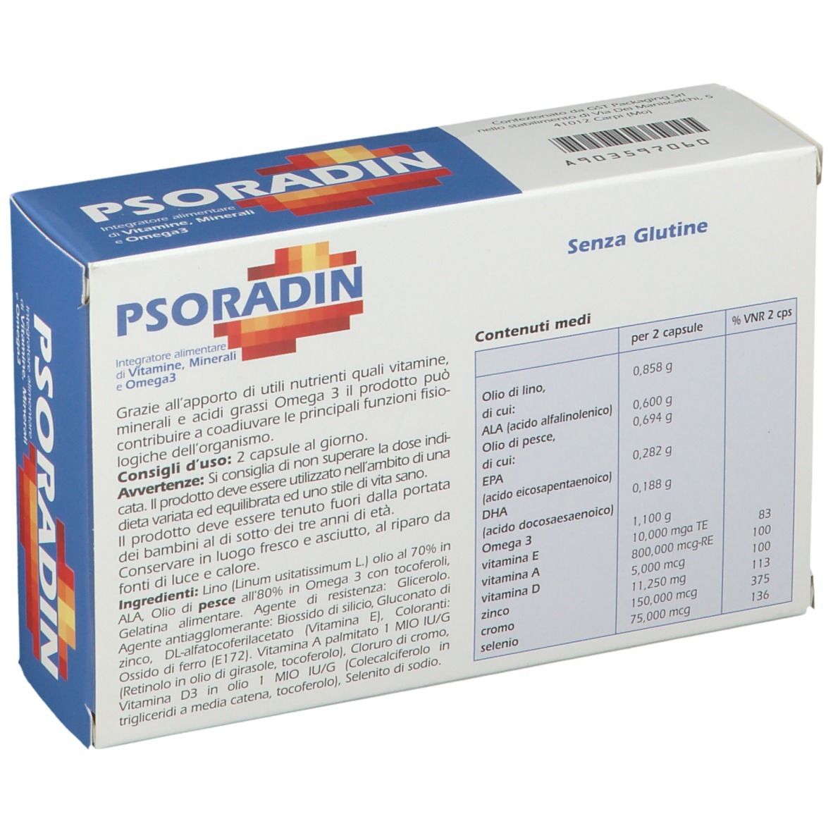Scatola PSORADIN con informazioni sul contenuto. Contiene integratore alimentare. Scritta: Senza Glutine. Contiene vitamine, minerali e Omega 3.