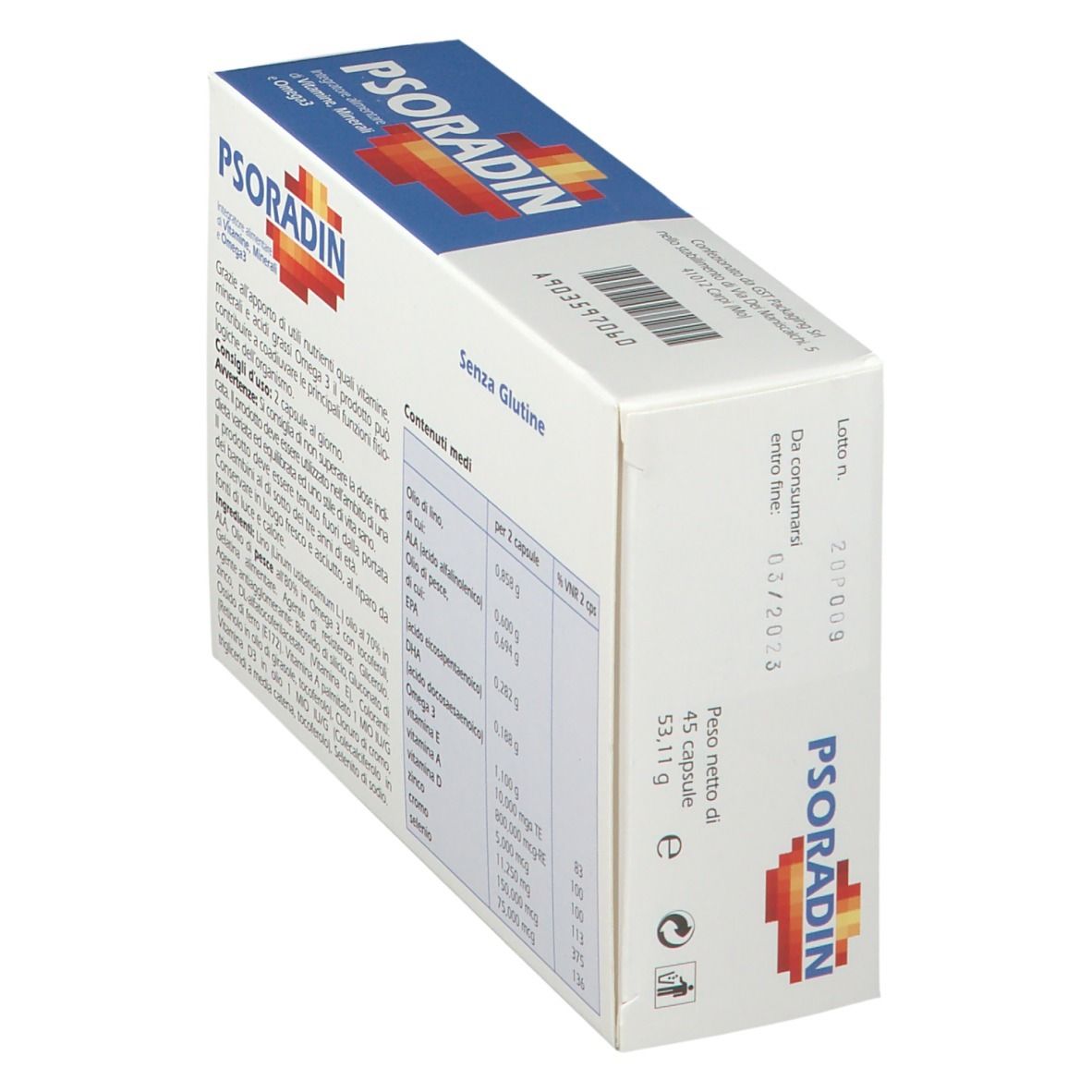Scatola PSORADIN, blu e bianca. Contiene integratore alimentare. Scritta: Senza Glutine. Contiene vitamine, minerali e Omega 3.