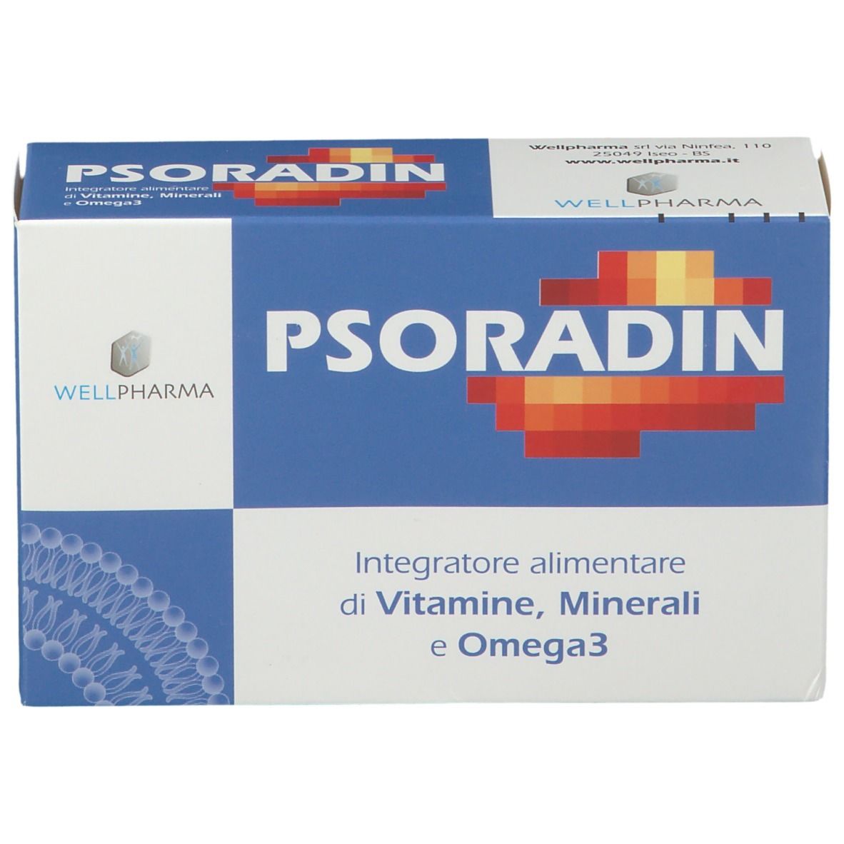 Scatola blu e bianca con la scritta PSORADIN. Contiene integratore alimentare con vitamine, minerali e Omega 3.