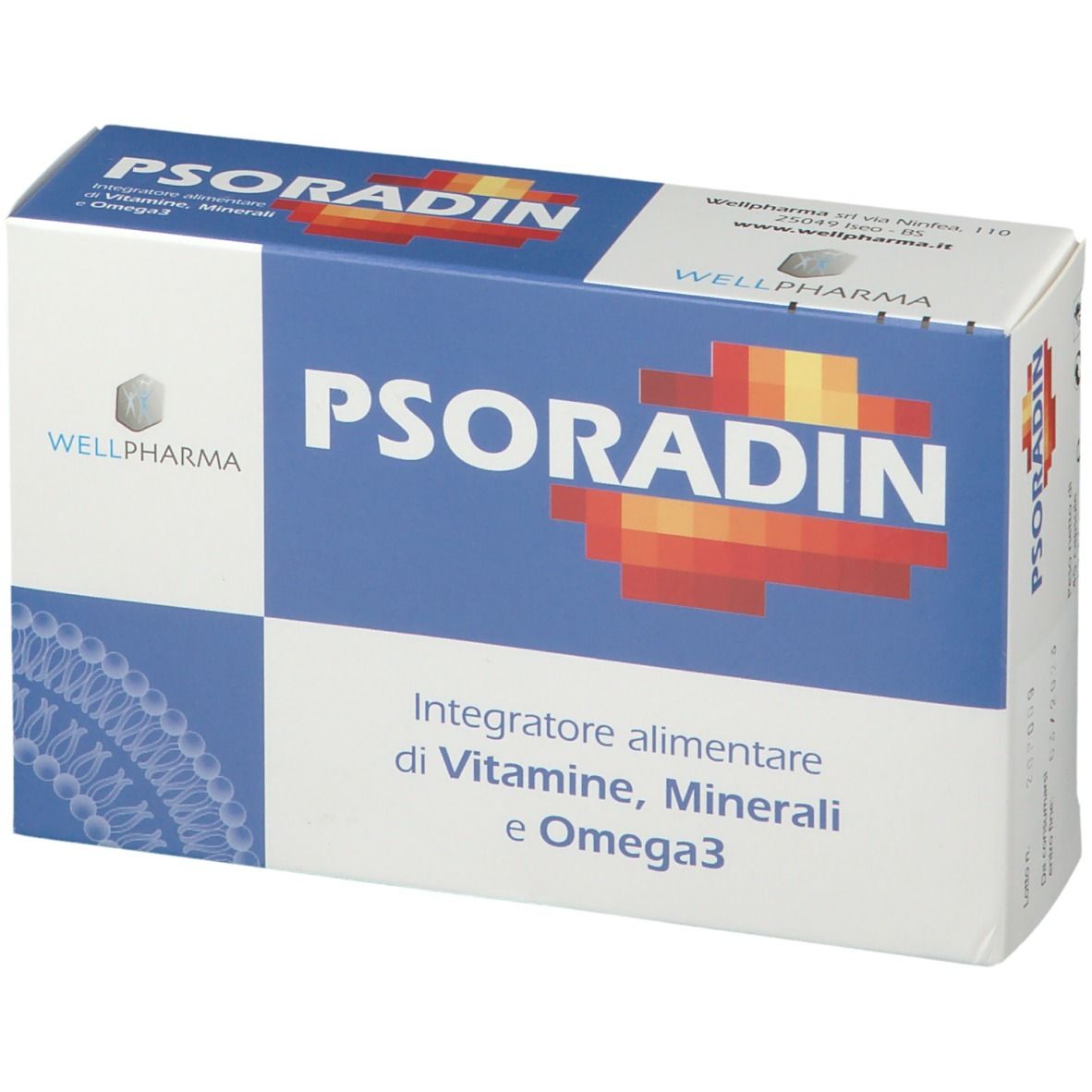 Scatola blu e bianca con la scritta PSORADIN. Contiene integratore alimentare con vitamine, minerali e Omega 3.