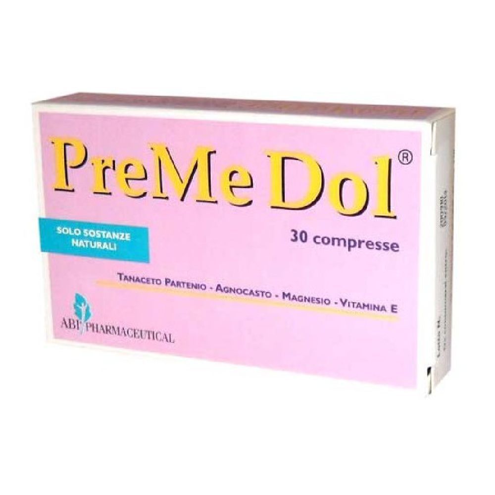 Scatola rosa con scritta gialla PreMe Dol e 30 compresse. Contiene sostanze naturali. ABF Pharmaceutical.