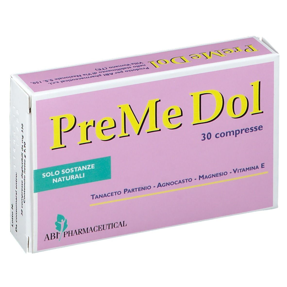 Scatola rosa con scritta gialla PreMe Dol e 30 compresse. Contiene sostanze naturali. ABF Pharmaceutical.