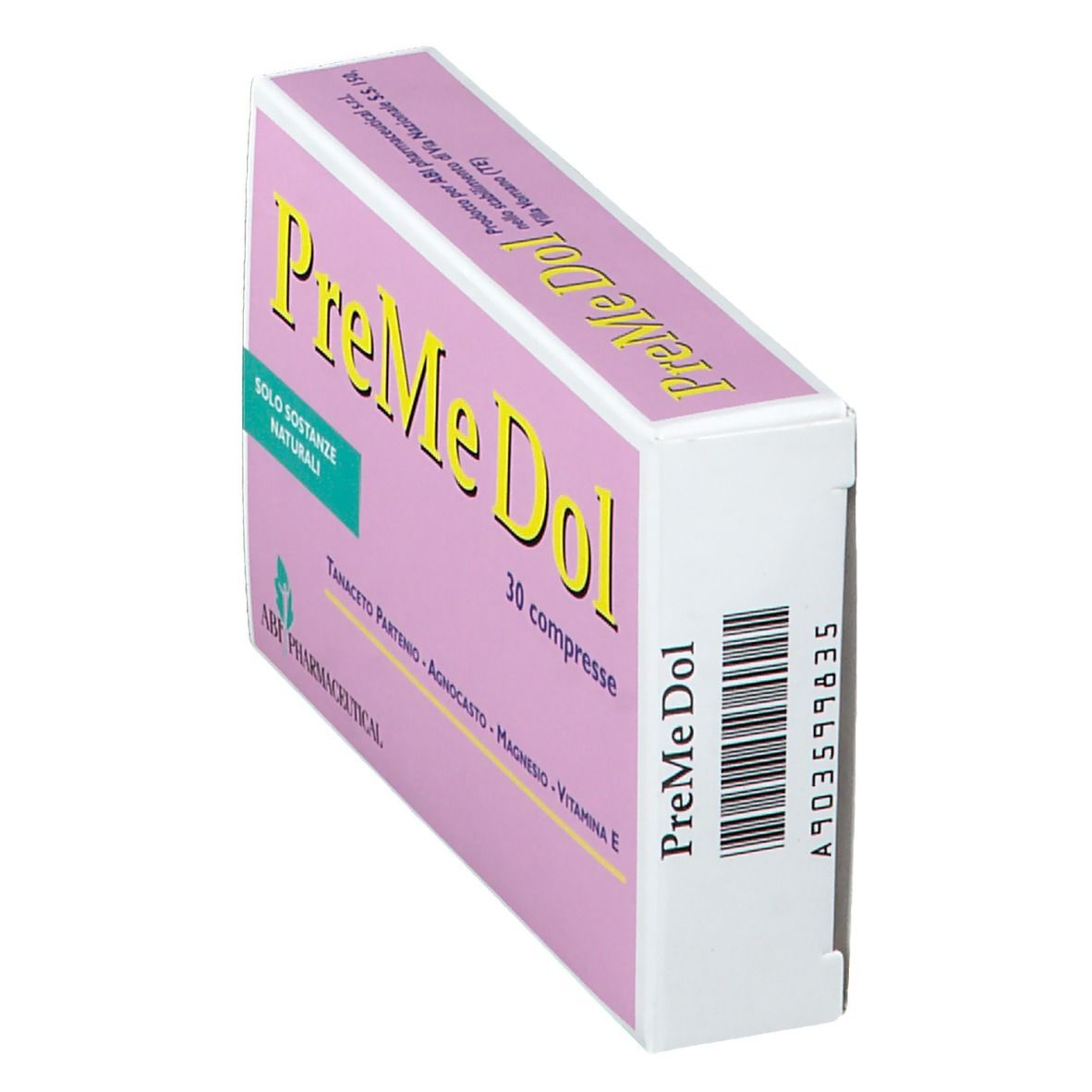 Scatola PreMe Dol, rosa con scritta gialla. Contiene 30 compresse. Scritta: Solo sostanze naturali. ABF Pharmaceutical.
