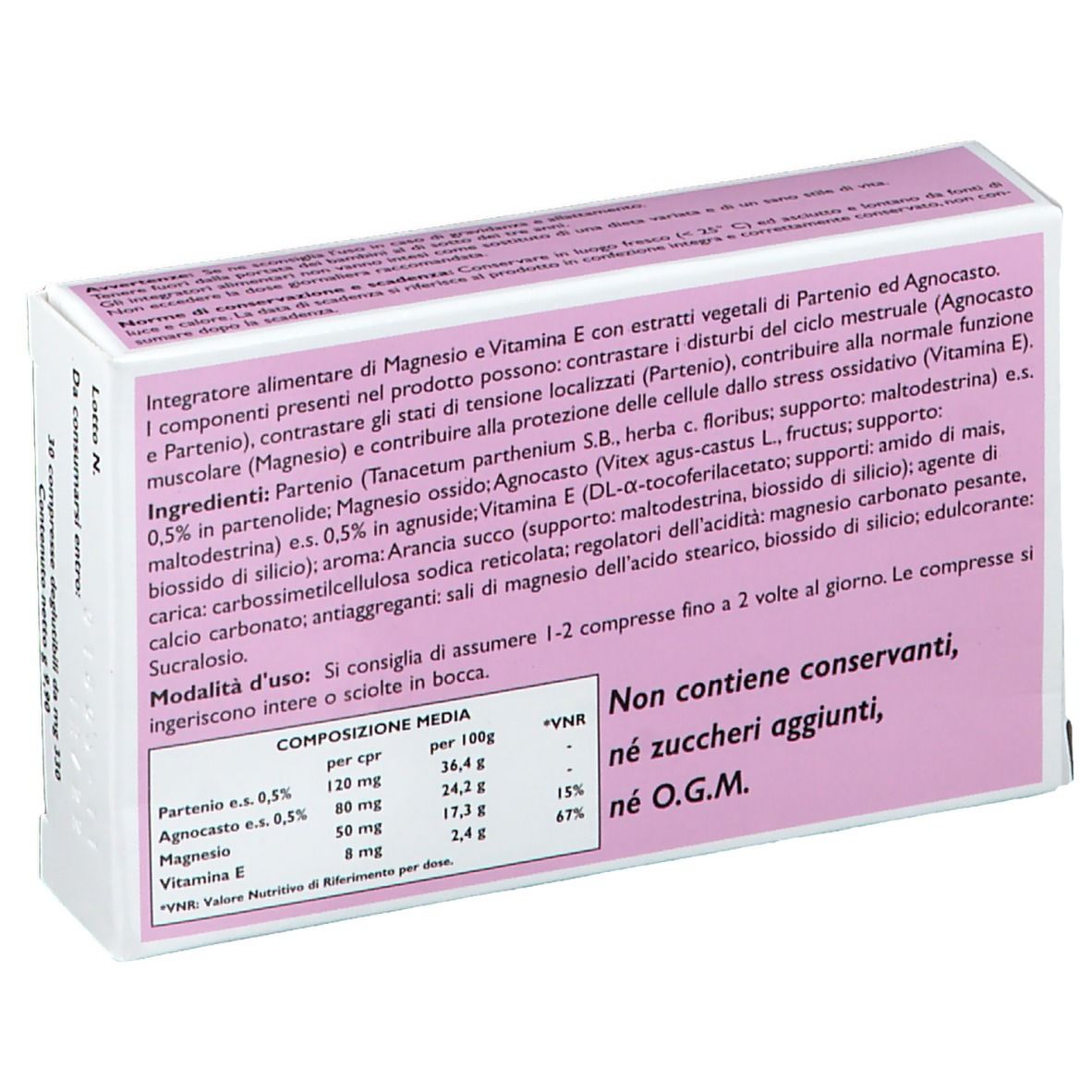 Retro della confezione PreMe Dol. Contiene informazioni su ingredienti, valori nutrizionali e uso. Sfondo rosa.