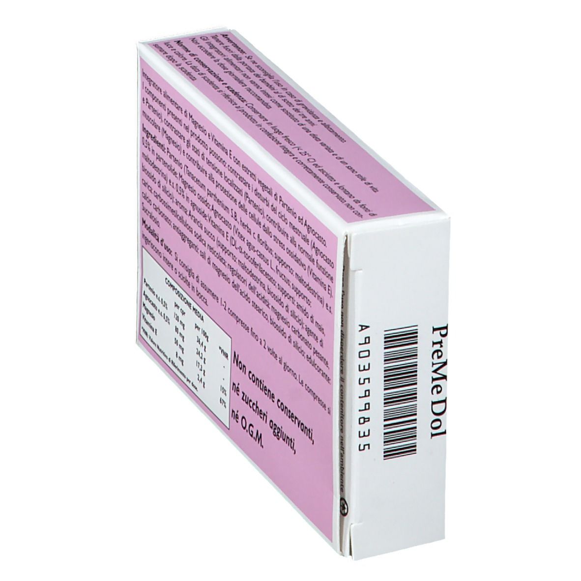Retro della confezione PreMe Dol. Contiene informazioni su ingredienti, valori nutrizionali e uso. Sfondo rosa.