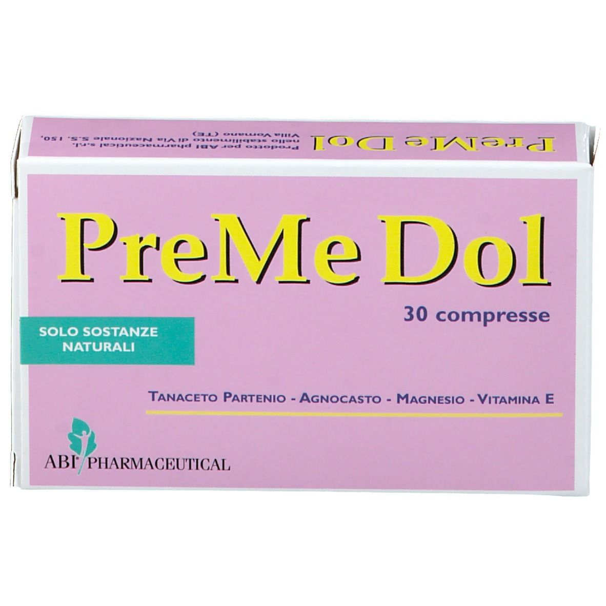 Scatola rosa con scritta gialla PreMe Dol e 30 compresse. Contiene sostanze naturali. ABF Pharmaceutical.