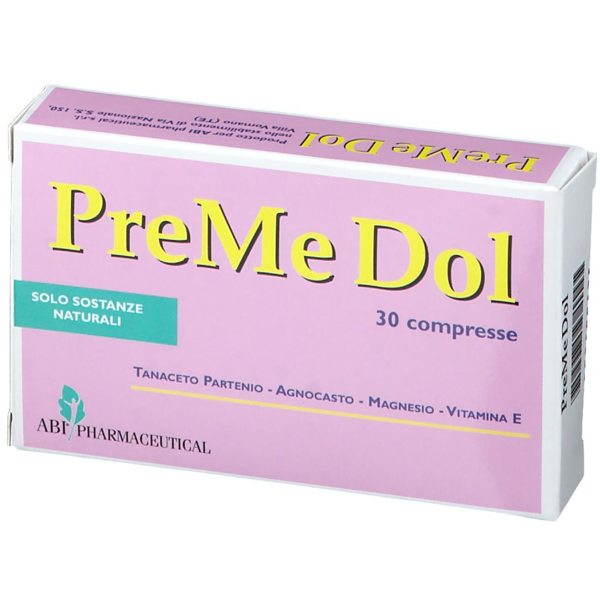 Scatola rosa con scritta gialla PreMe Dol e 30 compresse. Contiene sostanze naturali. ABF Pharmaceutical.