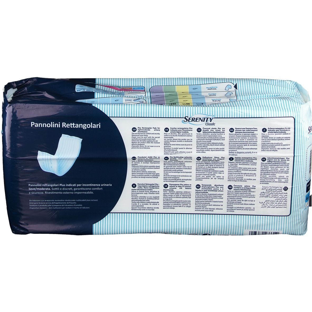 Rückseite der Serenity Classic Rechteckige Windeln Plus Verpackung. Produktinformationen und Logo. Blaue und weiße Streifen.