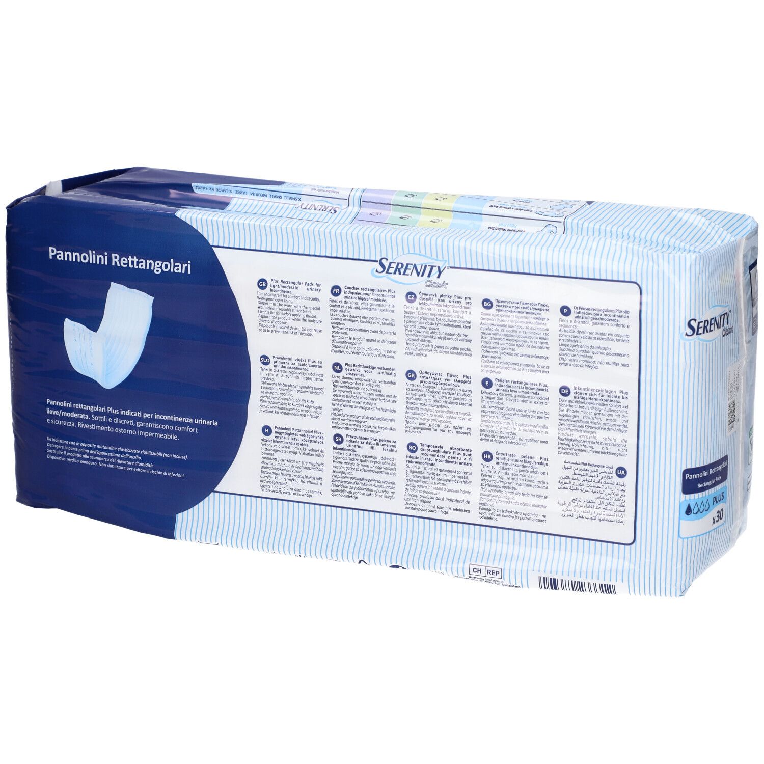 Rückseite der Verpackung Serenity Classic Rechteckige Windeln Plus mit Anwendungshinweisen.