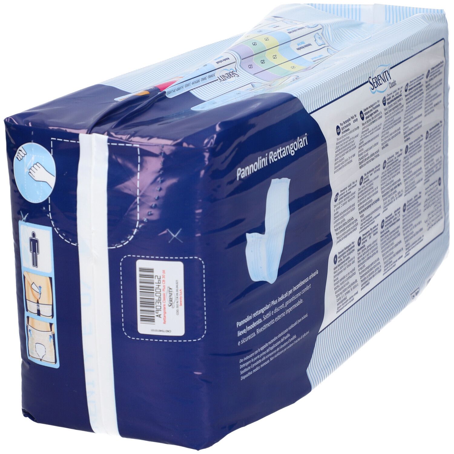 Seitenansicht der Verpackung Serenity Classic Rechteckige Windeln Plus mit Anwendungssymbolen.