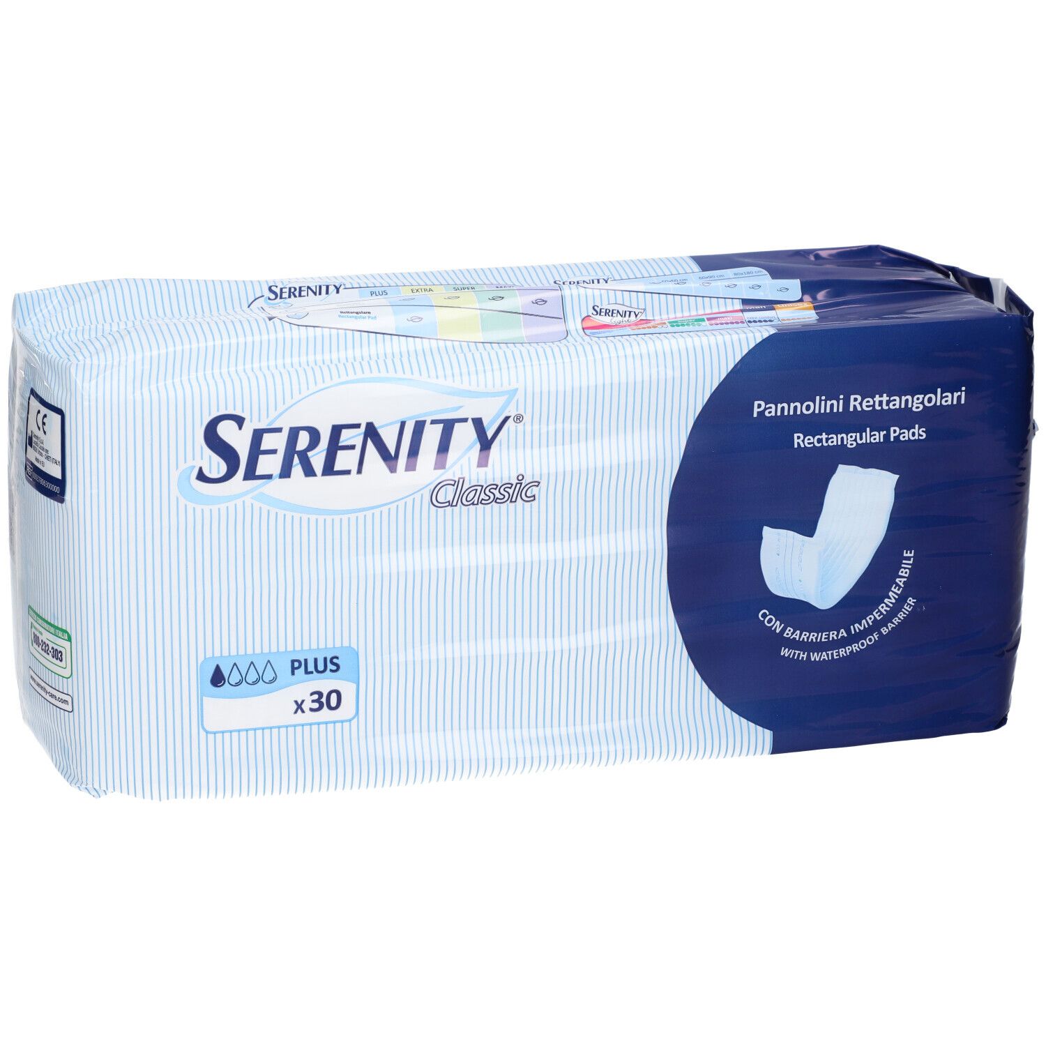 Verpackung Serenity Classic Rechteckige Windeln Plus mit CE-Kennzeichnung, 30 Stück.