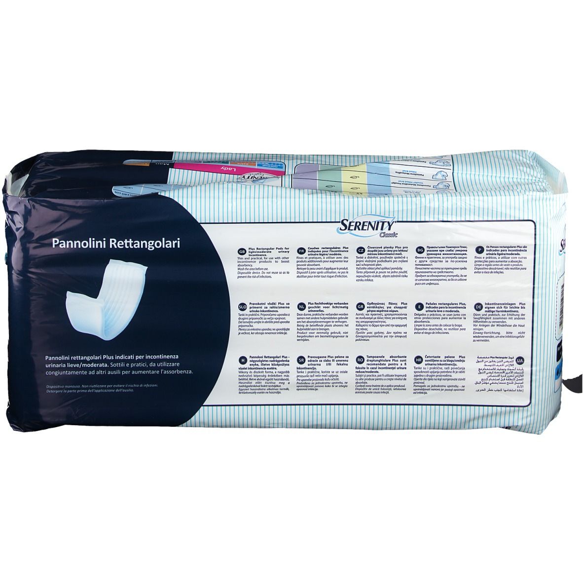 Retro della confezione di Serenity Classic Pannolini Rettangolari Plus. Testo e illustrazione del prodotto su sfondo a strisce blu chiaro e bianco.