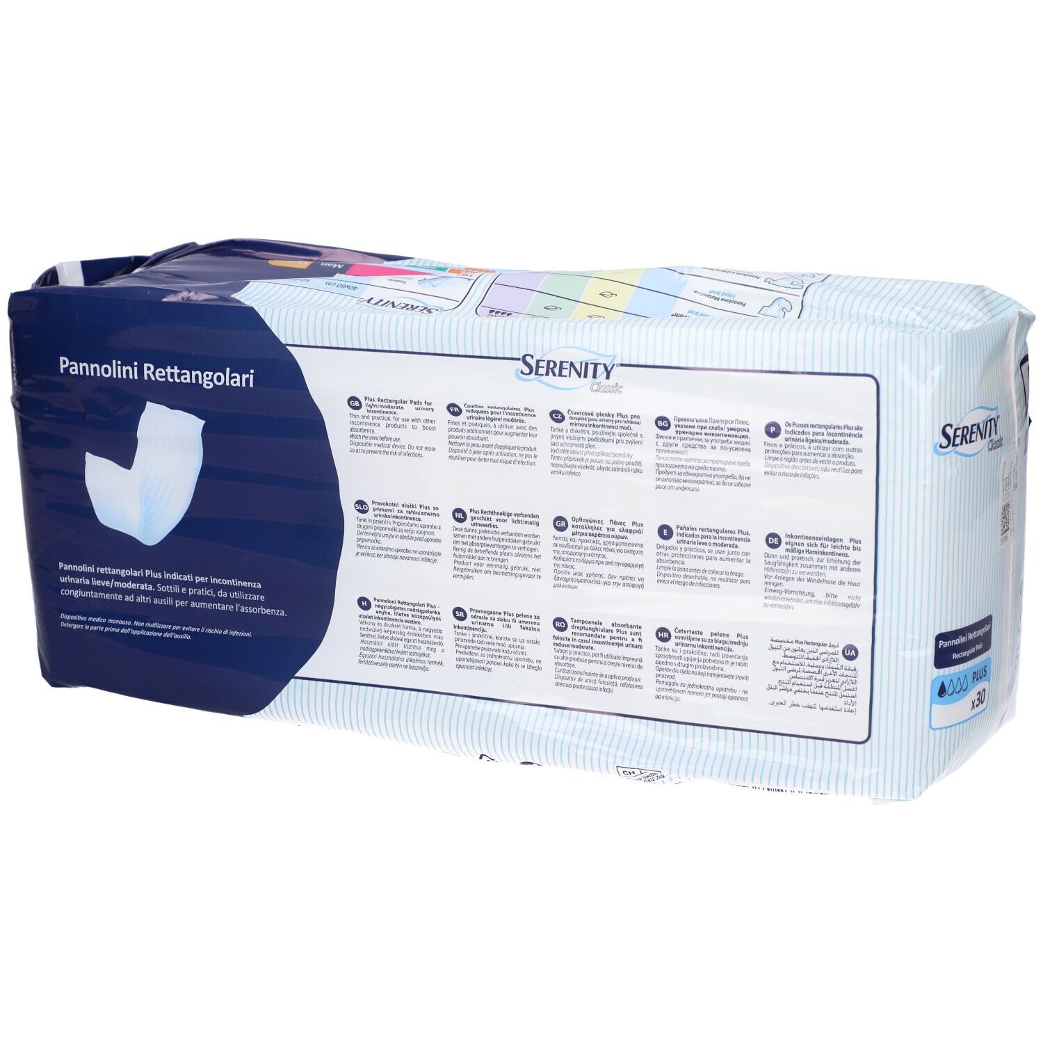 Verpackung von Serenity Classic Rechteckige Windeln Plus. Rückseite mit Produktinformationen und Text. Enthält 30 Stück.