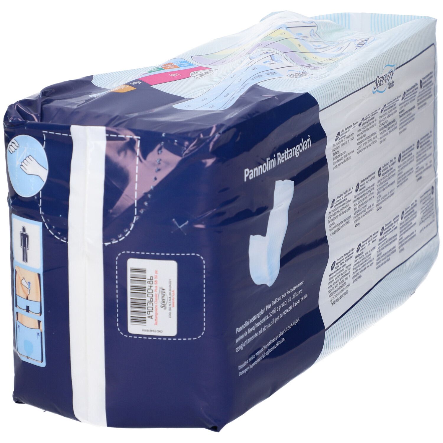 Verpackung von Serenity Classic Rechteckige Windeln Plus. Seitenansicht mit Produktinformationen und Piktogrammen. Enthält 30 Stück.