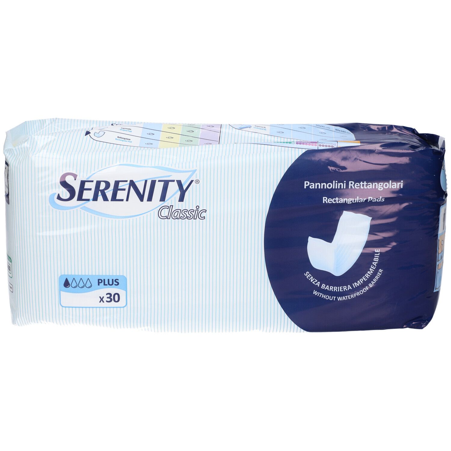 Verpackung von Serenity Classic Rechteckige Windeln Plus. Blaue und weiße Verpackung mit Produktnamen und Logo. Enthält 30 Stück.