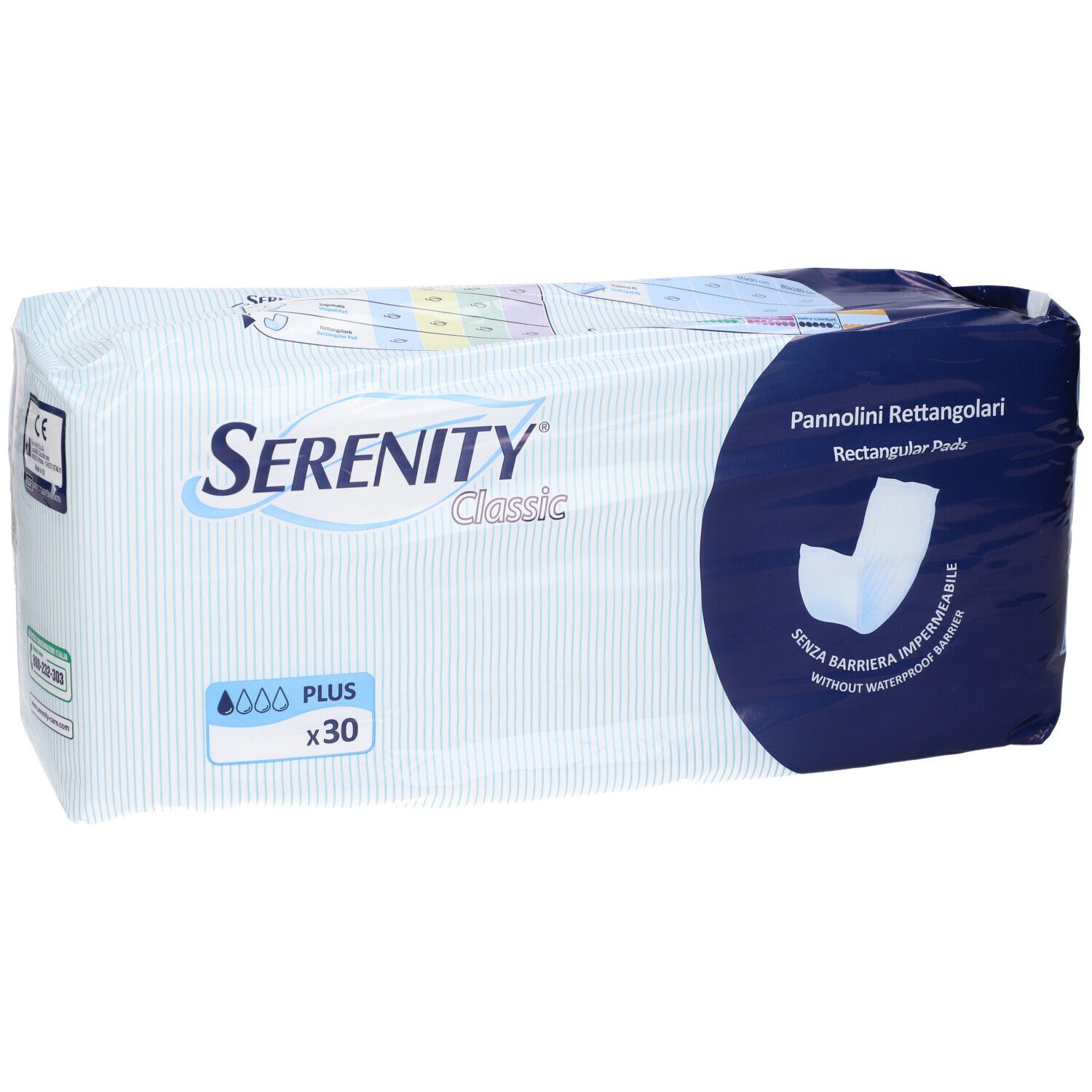 Verpackung von Serenity Classic Rechteckige Windeln Plus. Blaue und weiße Verpackung mit Produktnamen und Logo. Enthält 30 Stück.