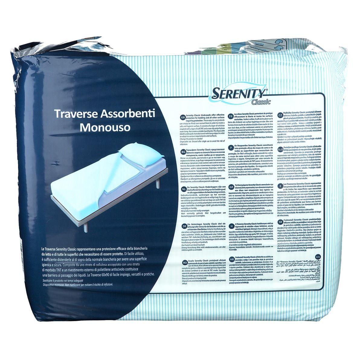 Confezione di traverse assorbenti Serenity Classic. Imballaggio blu e bianco, nome del prodotto e testo.