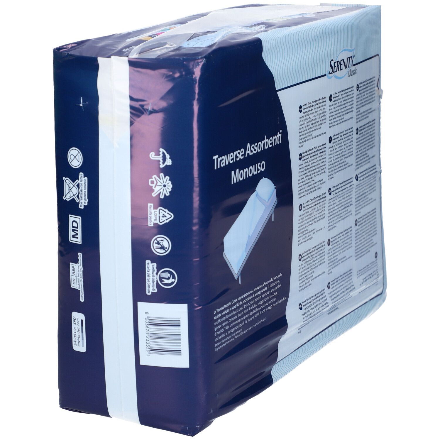 Seite der Verpackung Serenity Classic Einweg-Unterlagen mit Symbolen für Handhabung und Lagerung.