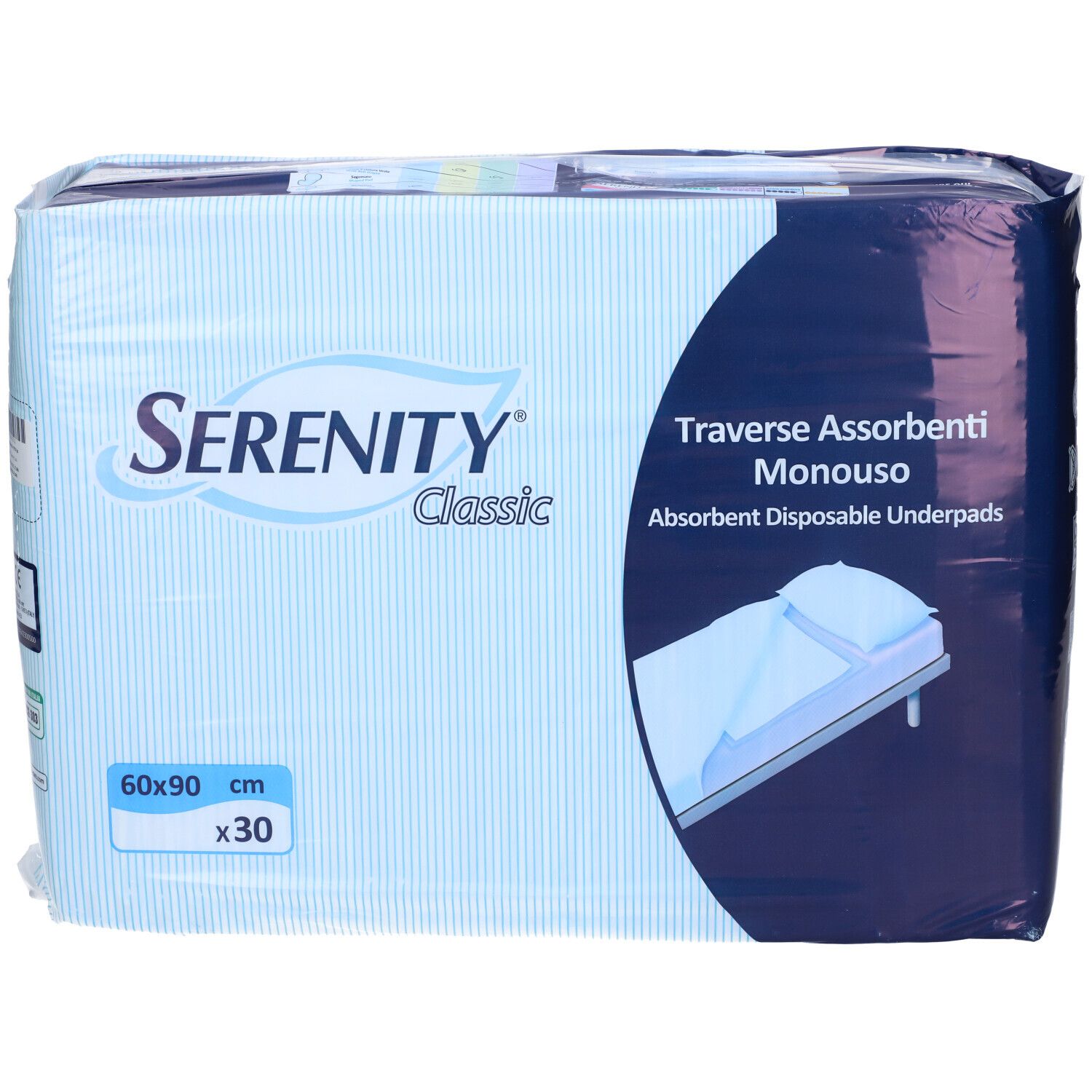 Serenity Classic Einweg-Unterlagen, 30 Stück, 60x90 cm, Verpackung von vorne.
