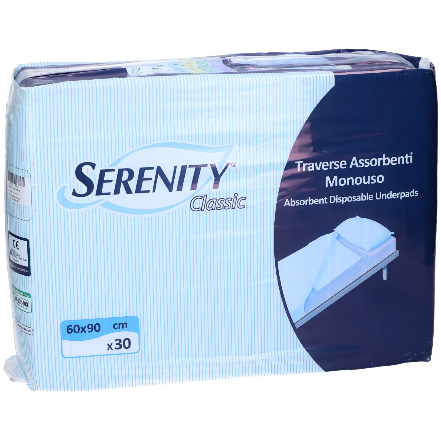 Verpackung Serenity Classic Einweg-Unterlagen mit CE-Kennzeichnung und Produktinformationen.