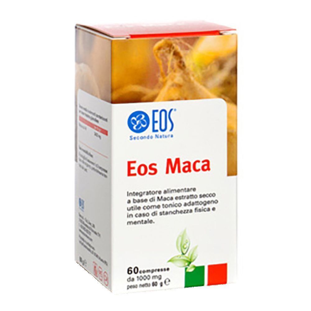 Scatola di Eos Maca. Scritta: 60 compresse. Logo e nome del prodotto ben visibili.
