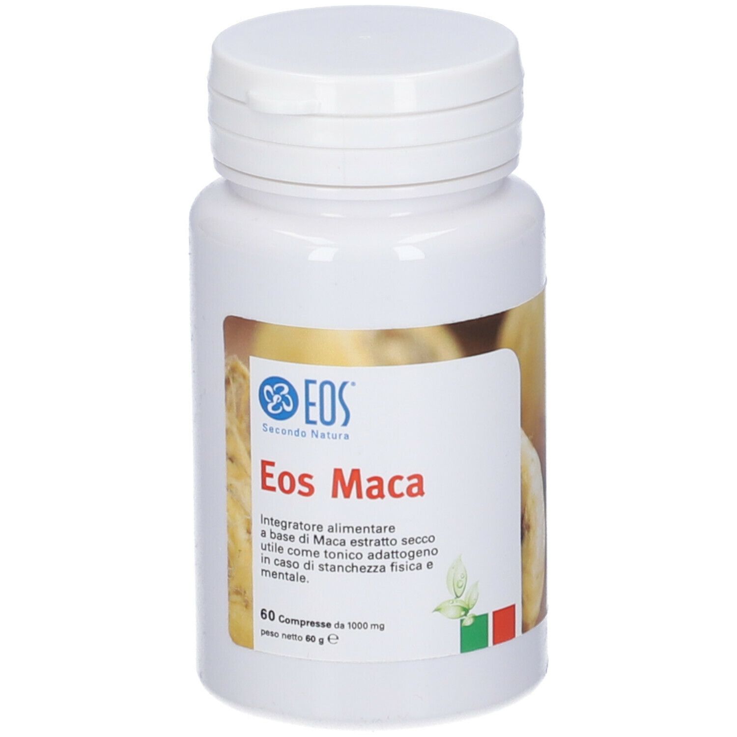 Flacone bianco di Eos Maca. Scritta: 60 compresse. Logo e nome del prodotto ben visibili.